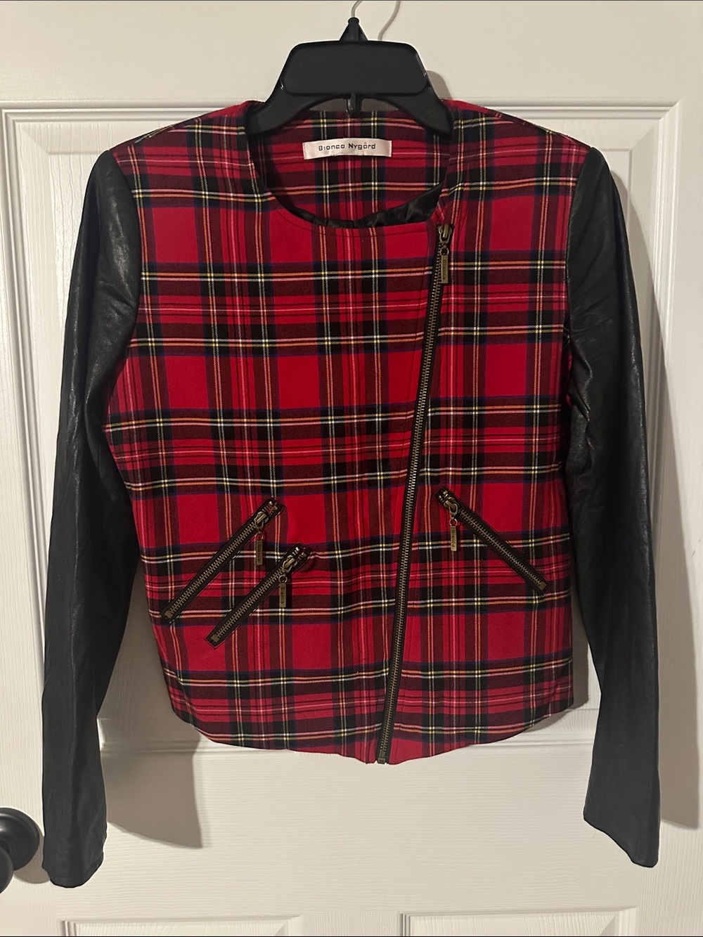 Banana Republic Red Plaid Moto Jacket with Black Faux Leather Sleeves